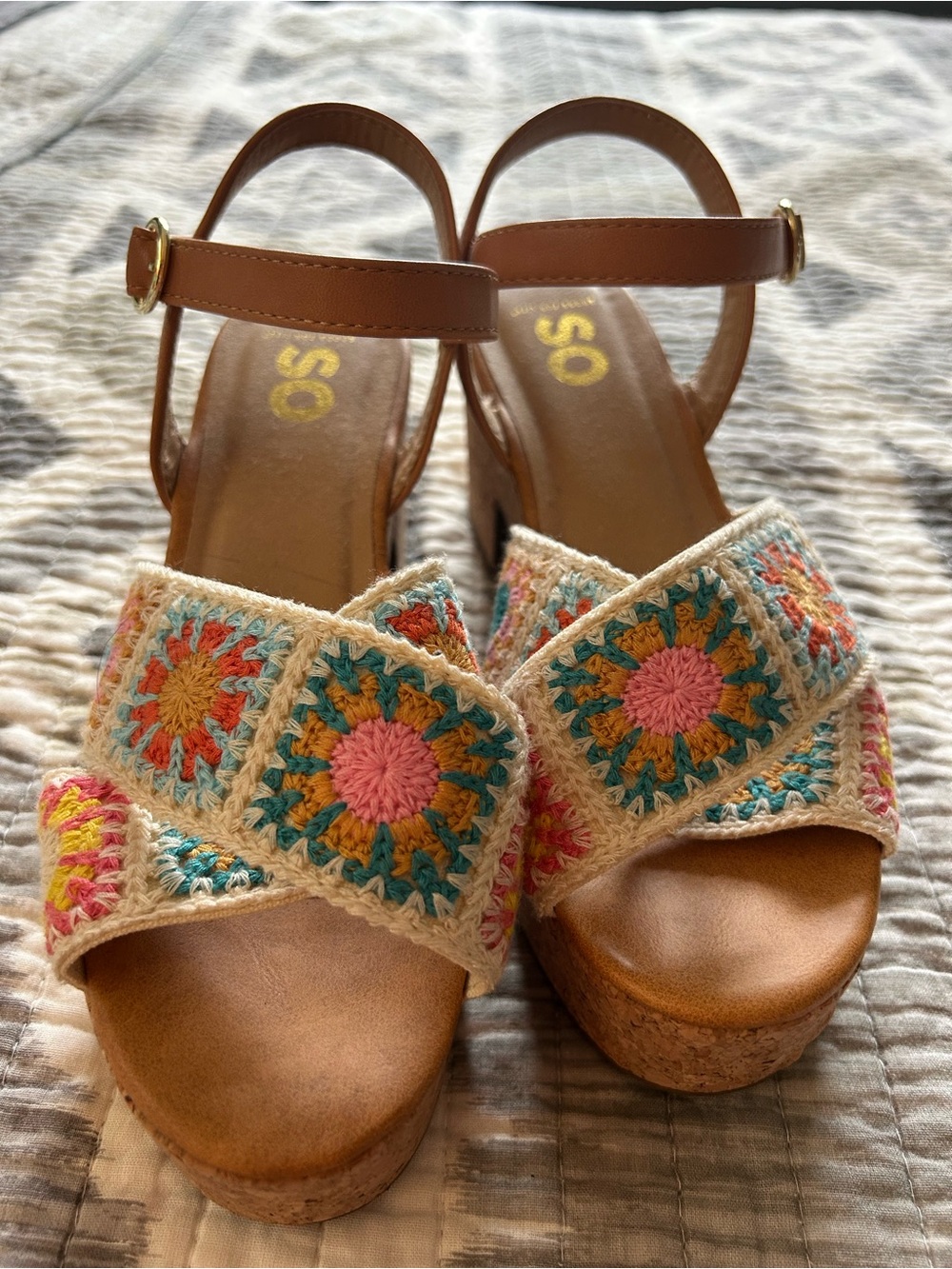 SO Tan Wedge Sandals with Multicolor Crochet Accents